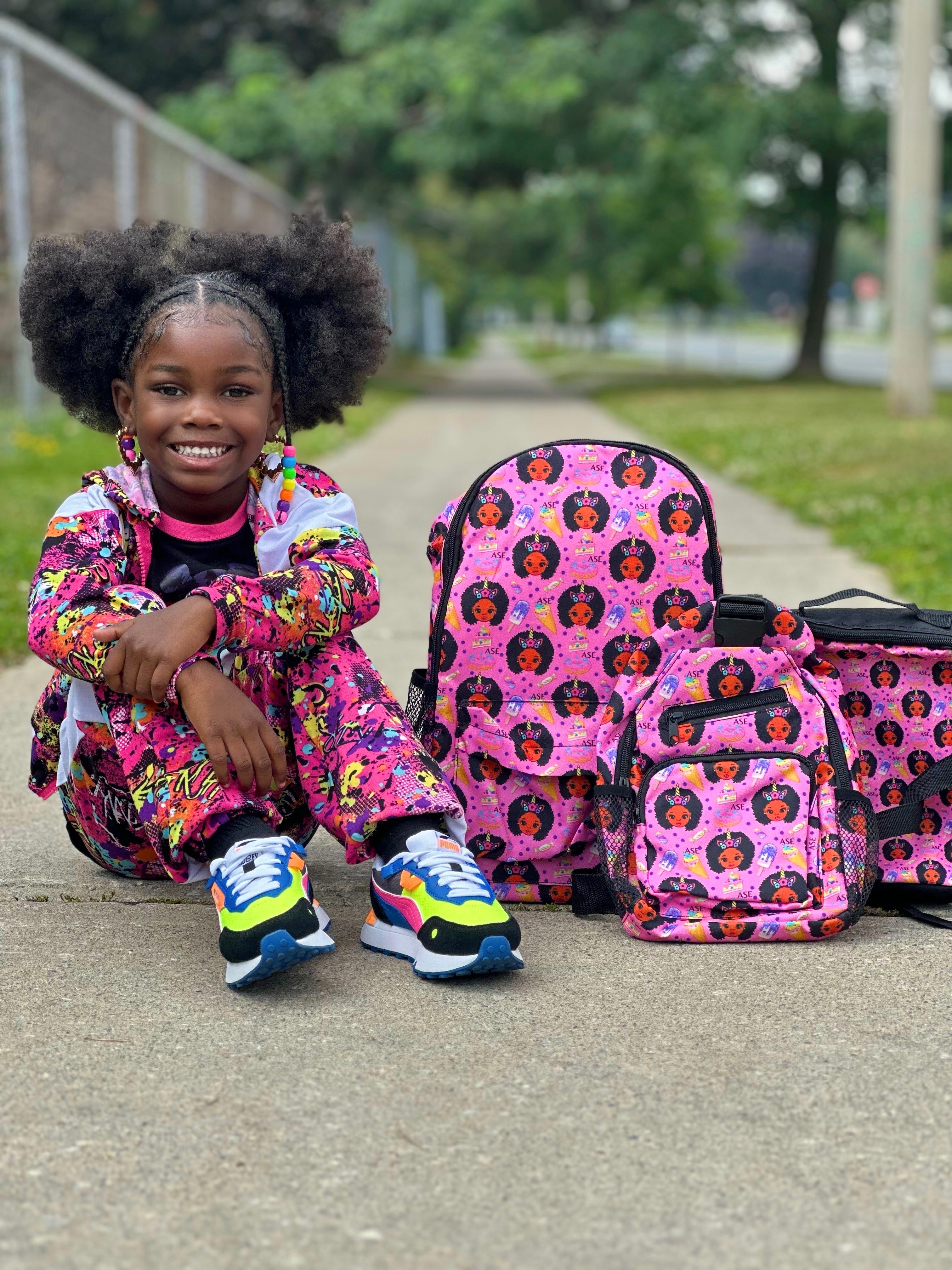 Pink Ice Cream Girl Afrocentric 4 Piece Backpack School Bag Set